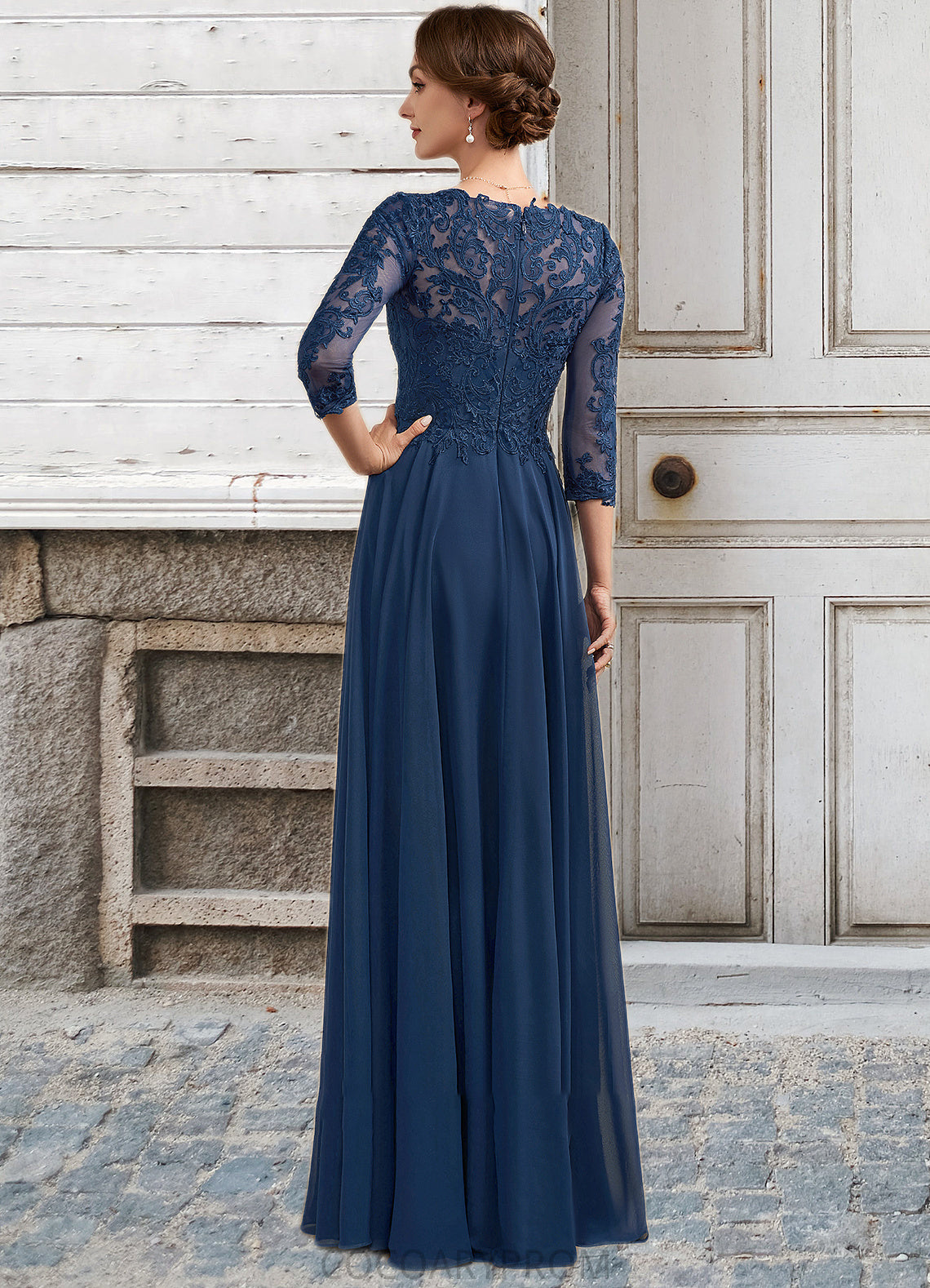 Ivy A-Line V-neck Floor-Length Chiffon Lace Mother of the Bride Dress DA8126P0014753