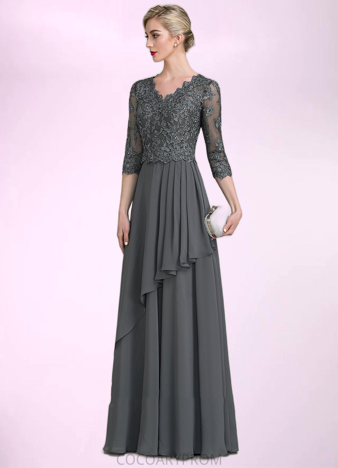 Riley A-Line V-neck Floor-Length Chiffon Lace Mother of the Bride Dress With Beading Sequins Cascading Ruffles DA8126P0014756