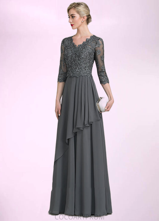 Riley A-Line V-neck Floor-Length Chiffon Lace Mother of the Bride Dress With Beading Sequins Cascading Ruffles DA8126P0014756