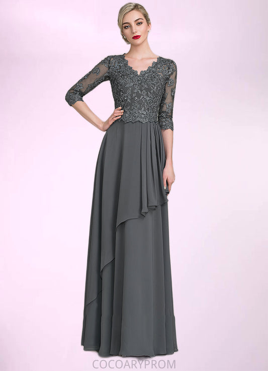 Riley A-Line V-neck Floor-Length Chiffon Lace Mother of the Bride Dress With Beading Sequins Cascading Ruffles DA8126P0014756