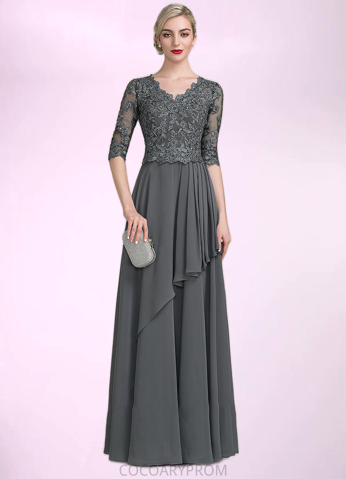 Riley A-Line V-neck Floor-Length Chiffon Lace Mother of the Bride Dress With Beading Sequins Cascading Ruffles DA8126P0014756