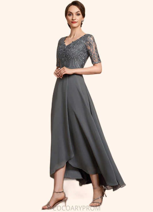 Sandy A-Line V-neck Asymmetrical Chiffon Lace Mother of the Bride Dress DA8126P0014772