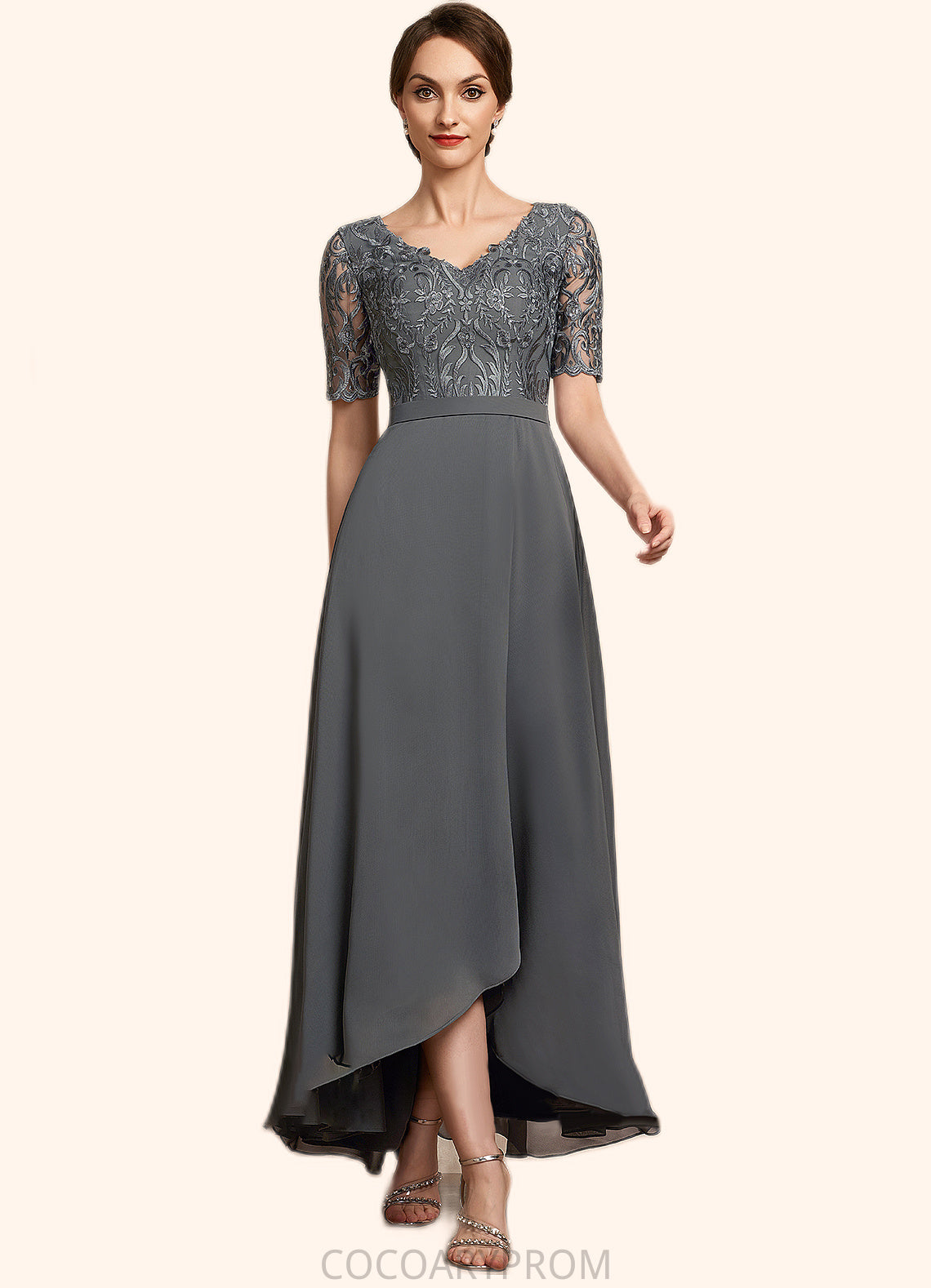 Sandy A-Line V-neck Asymmetrical Chiffon Lace Mother of the Bride Dress DA8126P0014772