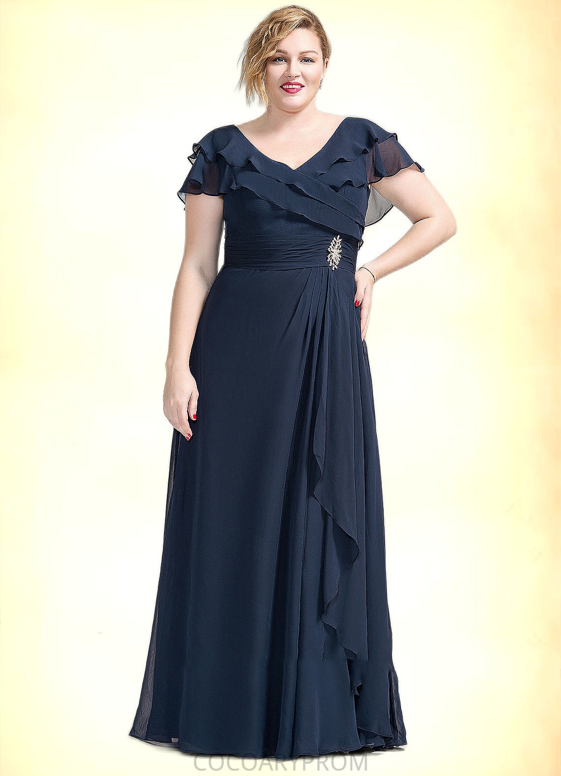 Cara A-Line V-neck Floor-Length Chiffon Mother of the Bride Dress With Crystal Brooch Cascading Ruffles DA8126P0014796