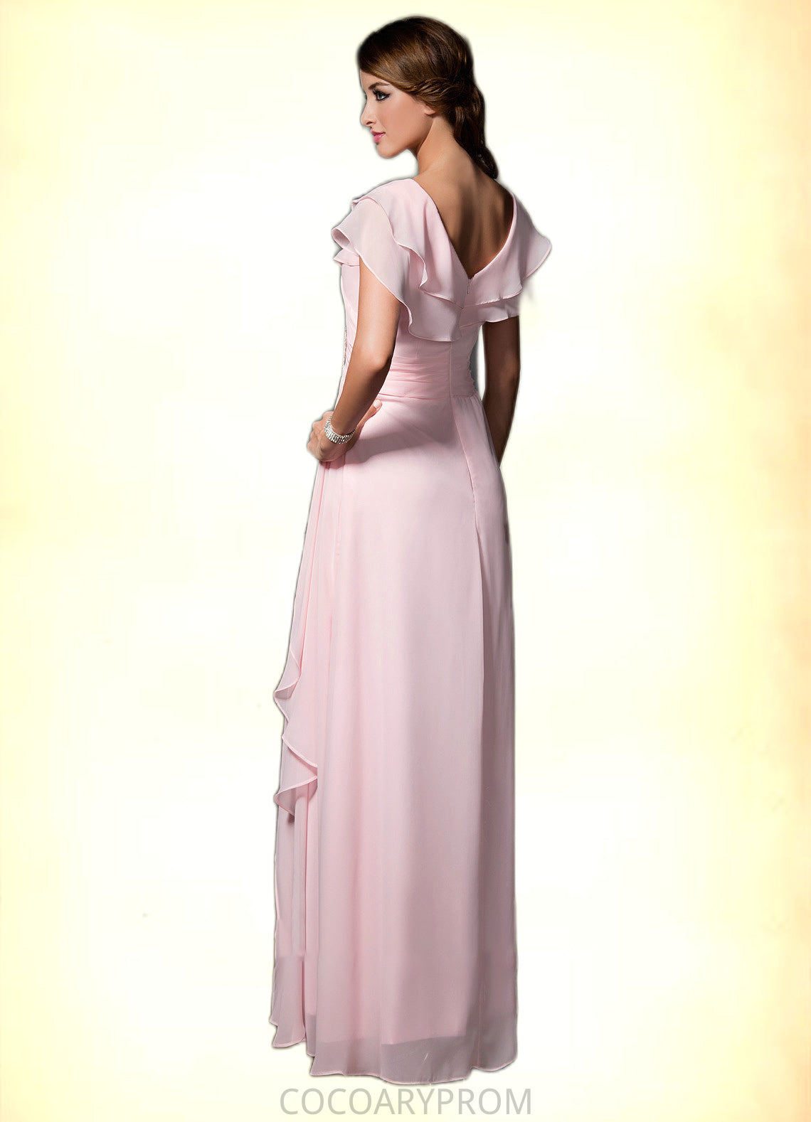 Cara A-Line V-neck Floor-Length Chiffon Mother of the Bride Dress With Crystal Brooch Cascading Ruffles DA8126P0014796