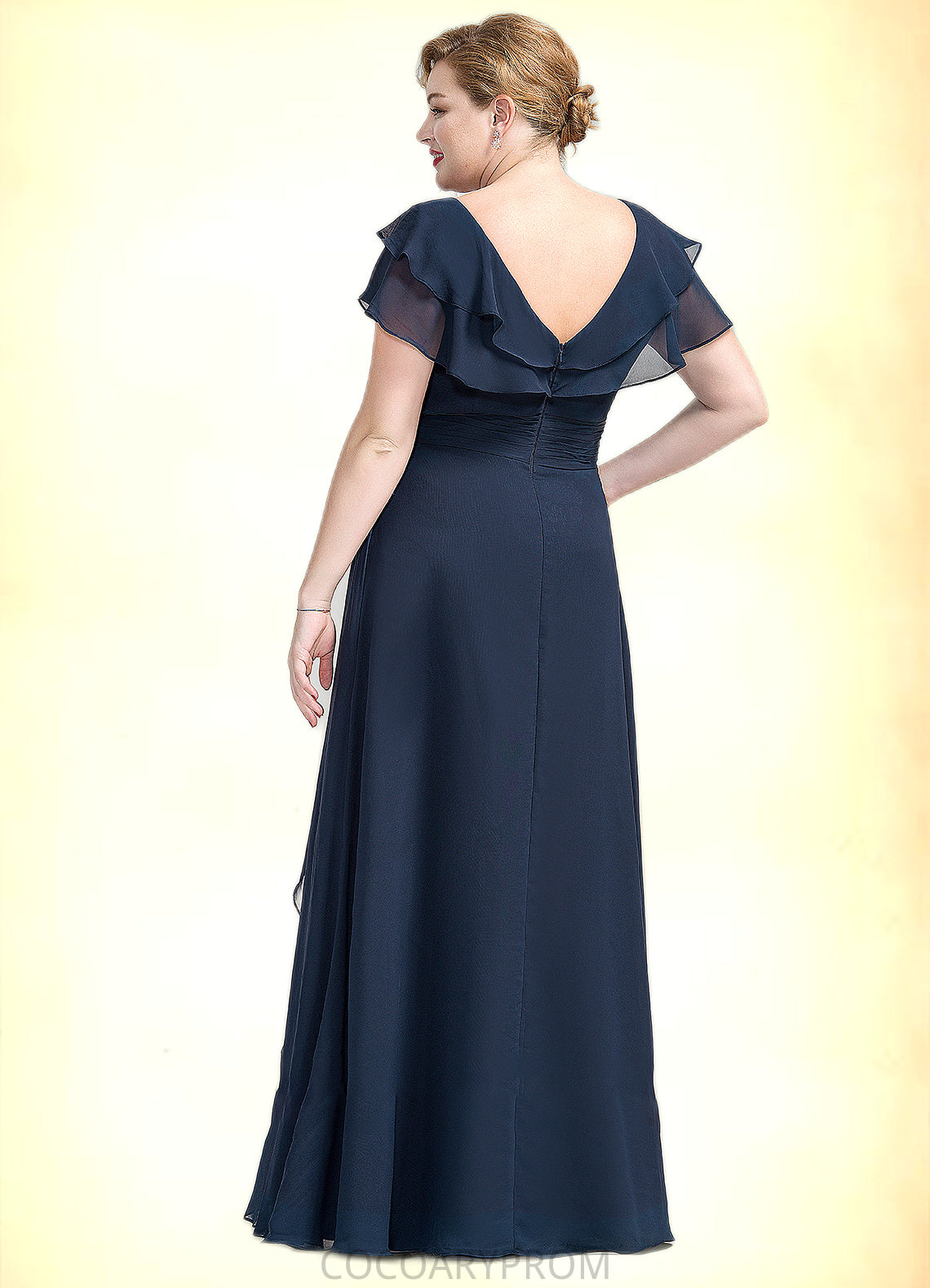 Cara A-Line V-neck Floor-Length Chiffon Mother of the Bride Dress With Crystal Brooch Cascading Ruffles DA8126P0014796