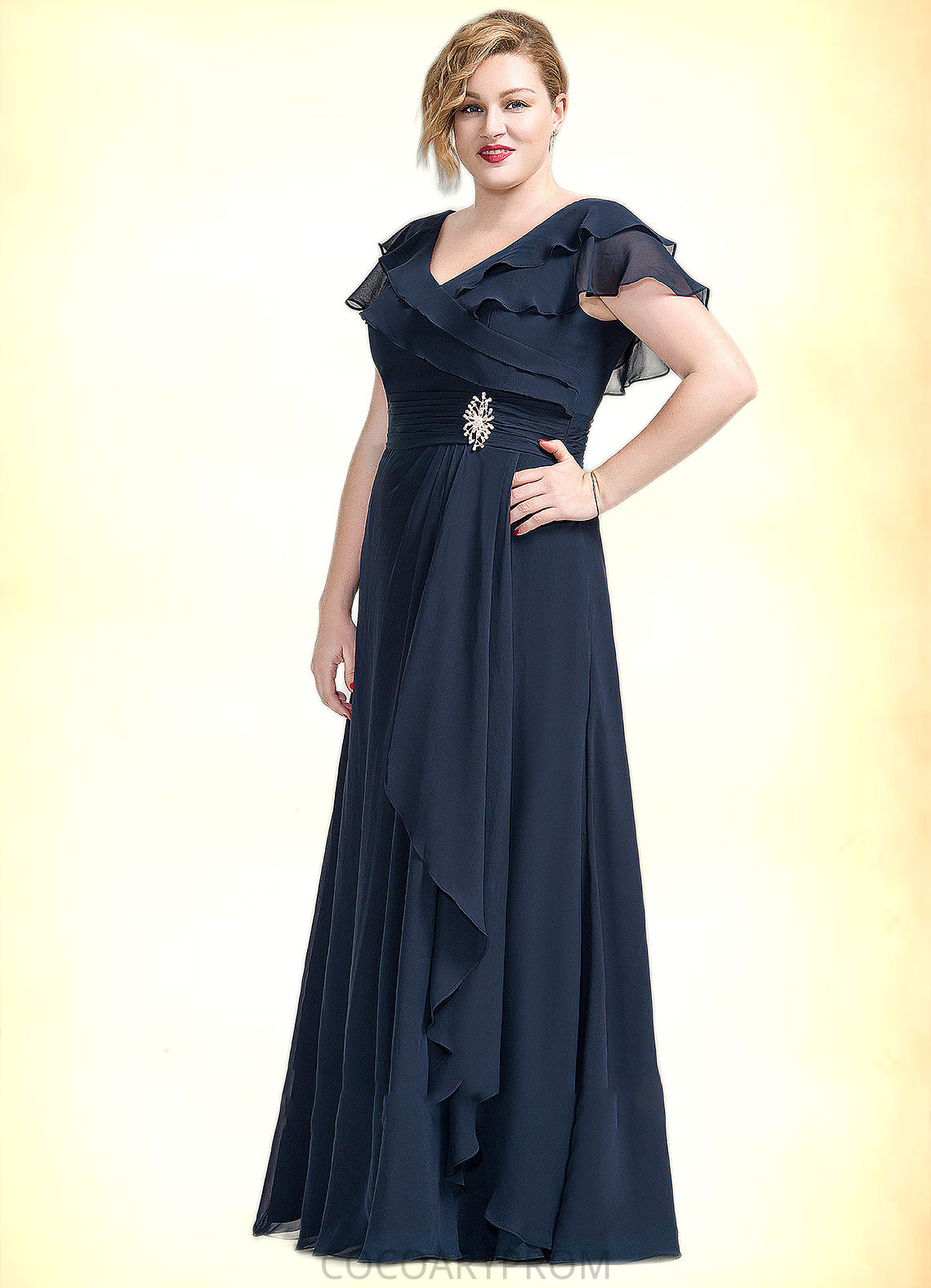 Cara A-Line V-neck Floor-Length Chiffon Mother of the Bride Dress With Crystal Brooch Cascading Ruffles DA8126P0014796