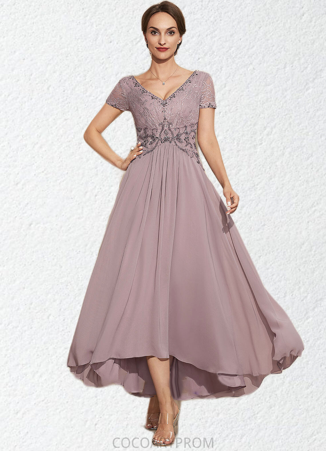 Leia A-Line V-neck Asymmetrical Chiffon Lace Mother of the Bride Dress With Beading DA8126P0014799