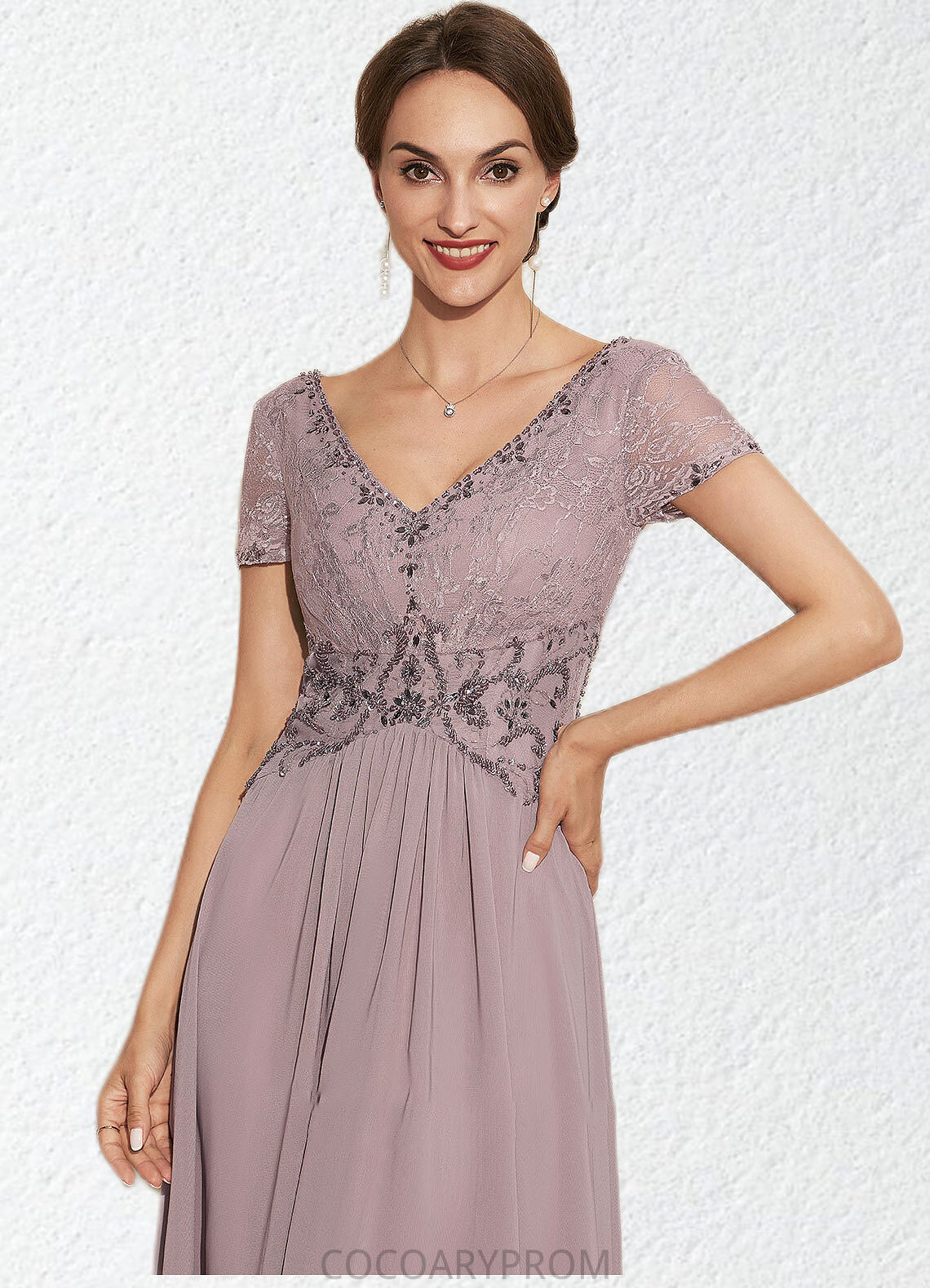 Leia A-Line V-neck Asymmetrical Chiffon Lace Mother of the Bride Dress With Beading DA8126P0014799