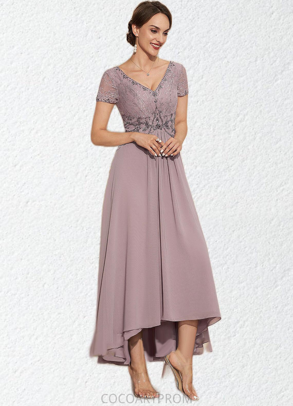 Leia A-Line V-neck Asymmetrical Chiffon Lace Mother of the Bride Dress With Beading DA8126P0014799