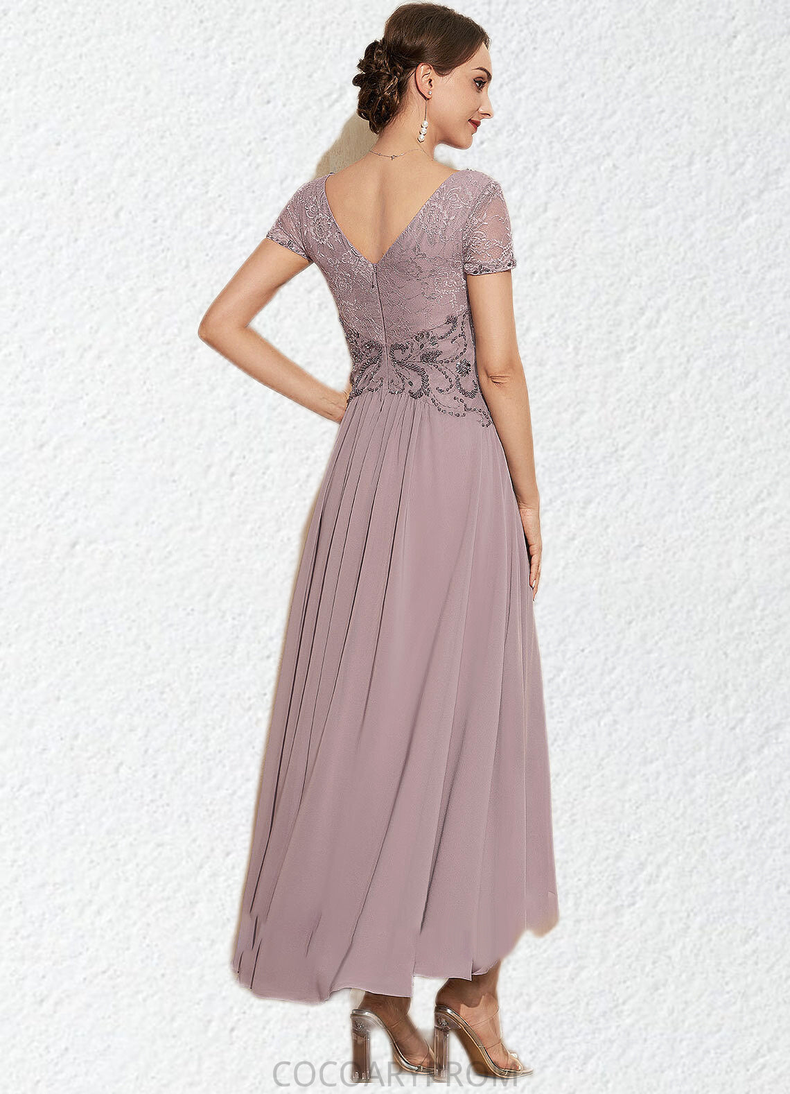 Leia A-Line V-neck Asymmetrical Chiffon Lace Mother of the Bride Dress With Beading DA8126P0014799