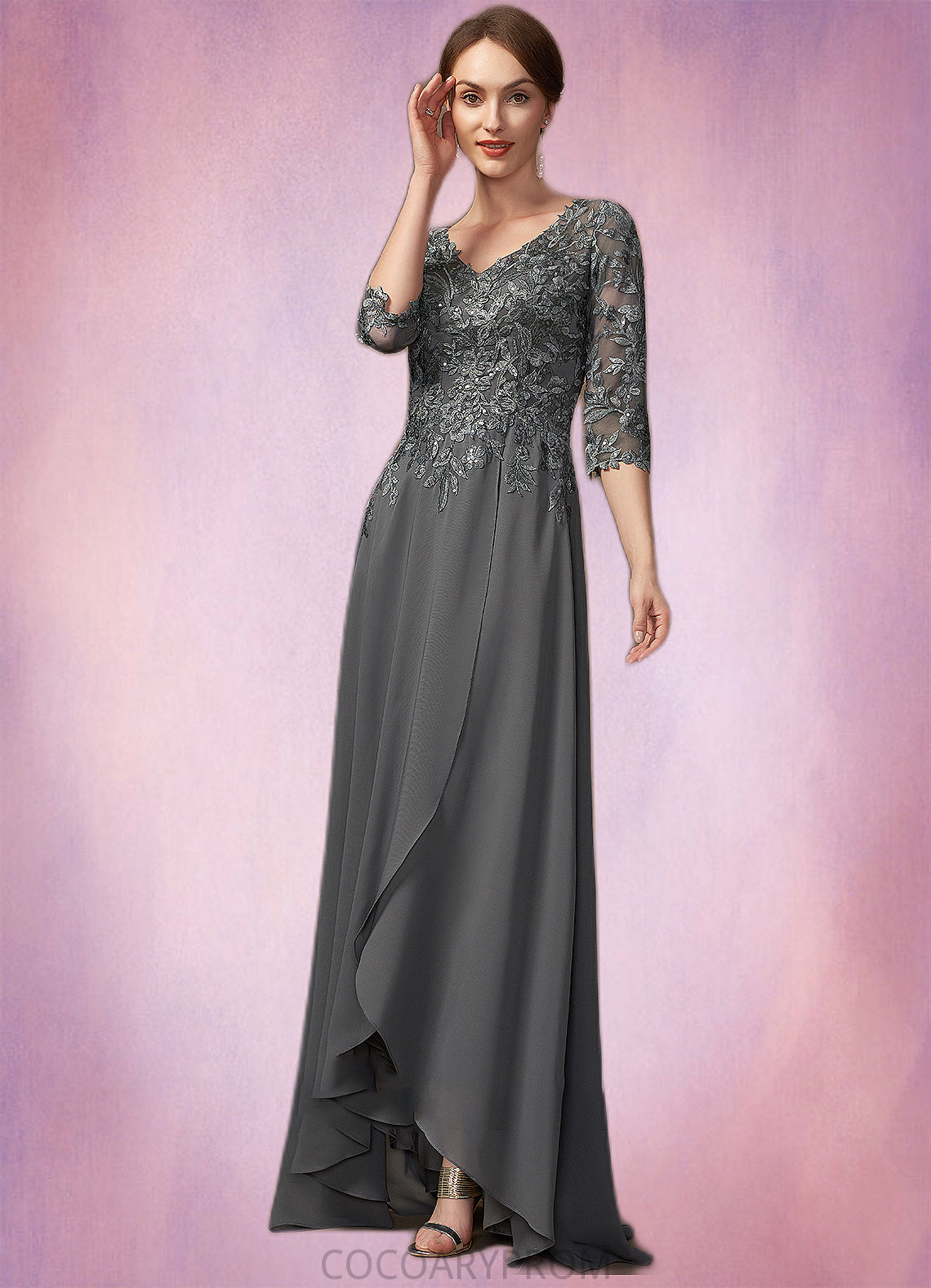 Eliana A-Line V-neck Asymmetrical Chiffon Lace Mother of the Bride Dress With Sequins DA8126P0014803