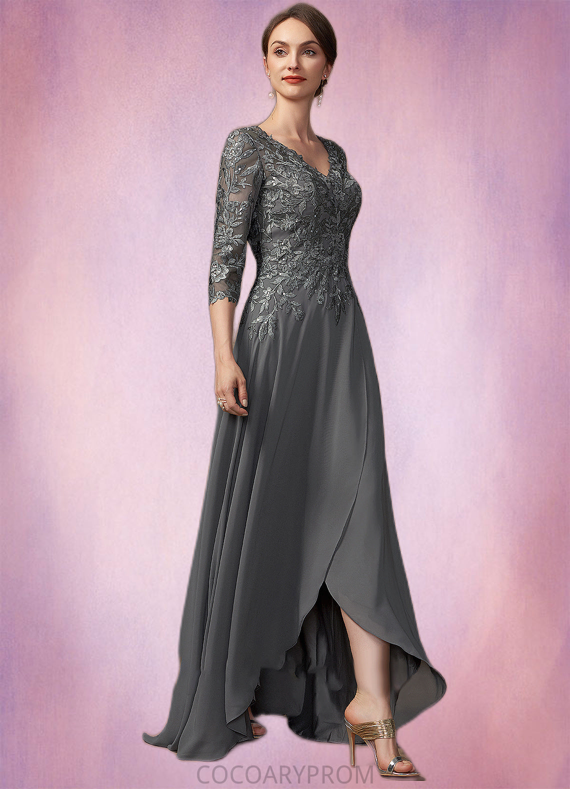 Eliana A-Line V-neck Asymmetrical Chiffon Lace Mother of the Bride Dress With Sequins DA8126P0014803