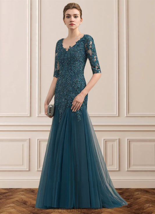 Madge Trumpet/Mermaid V-neck Sweep Train Tulle Lace Mother of the Bride Dress With Beading Sequins DA8126P0014804