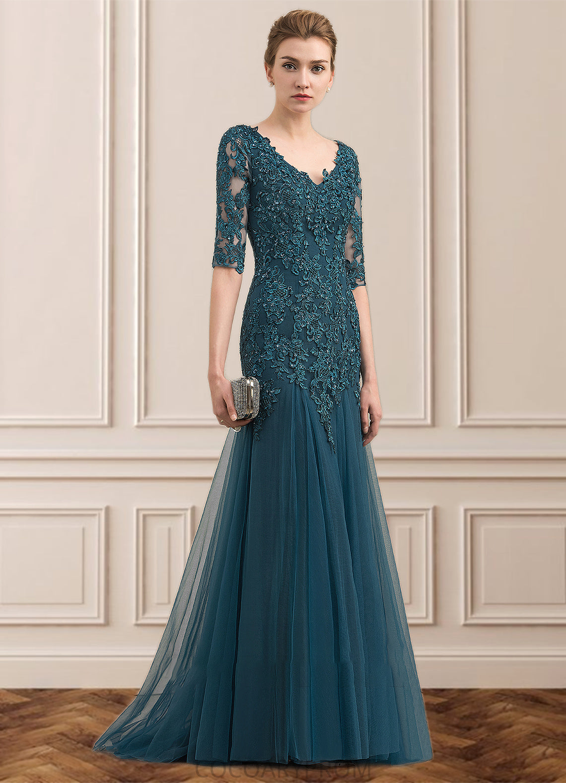 Madge Trumpet/Mermaid V-neck Sweep Train Tulle Lace Mother of the Bride Dress With Beading Sequins DA8126P0014804