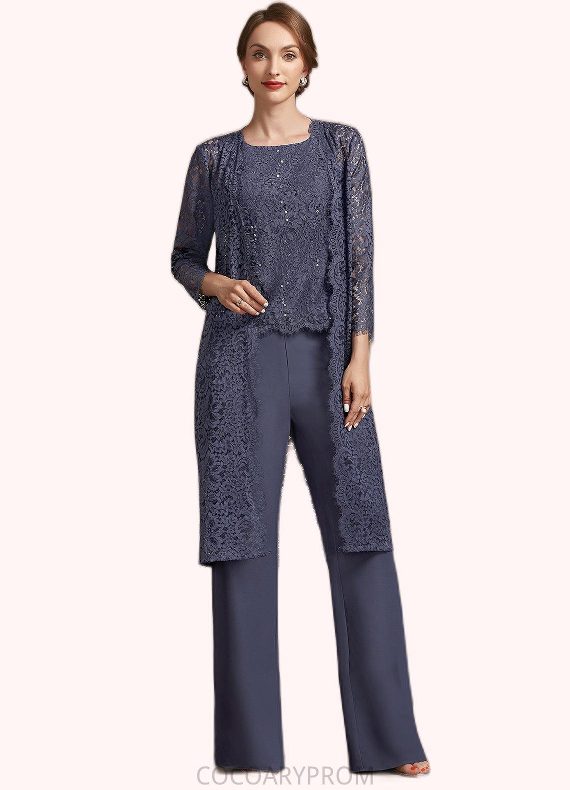 Aurora Jumpsuit/Pantsuit Scoop Neck Floor-Length Chiffon Lace Mother of the Bride Dress With Sequins DA8126P0014805