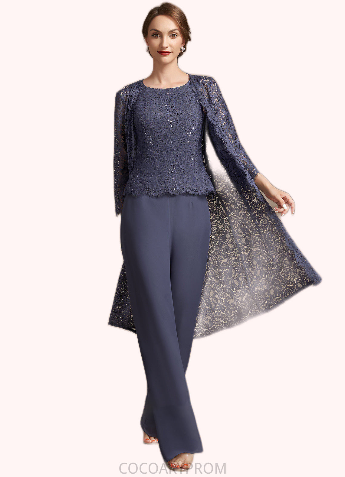 Aurora Jumpsuit/Pantsuit Scoop Neck Floor-Length Chiffon Lace Mother of the Bride Dress With Sequins DA8126P0014805