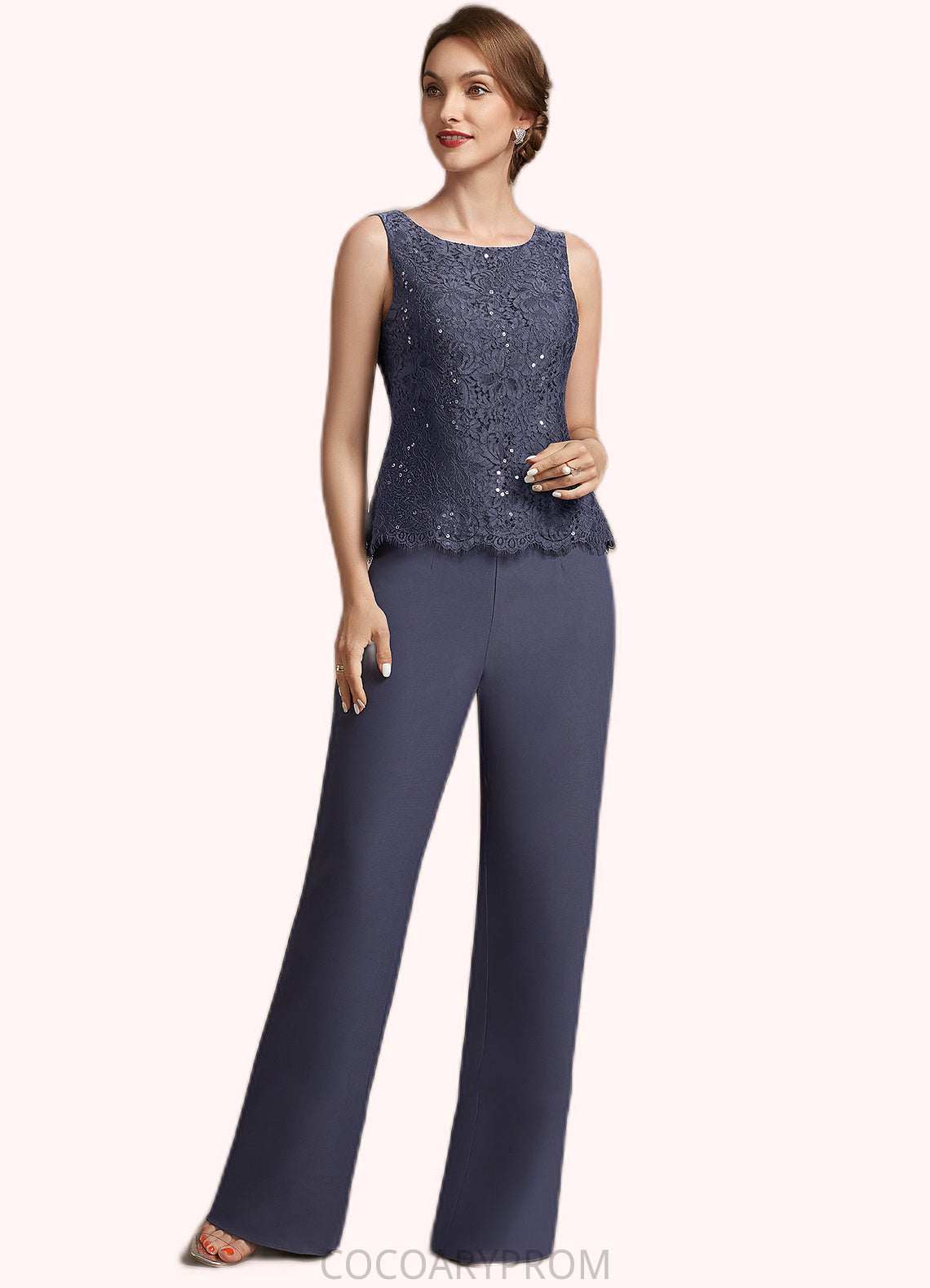 Aurora Jumpsuit/Pantsuit Scoop Neck Floor-Length Chiffon Lace Mother of the Bride Dress With Sequins DA8126P0014805