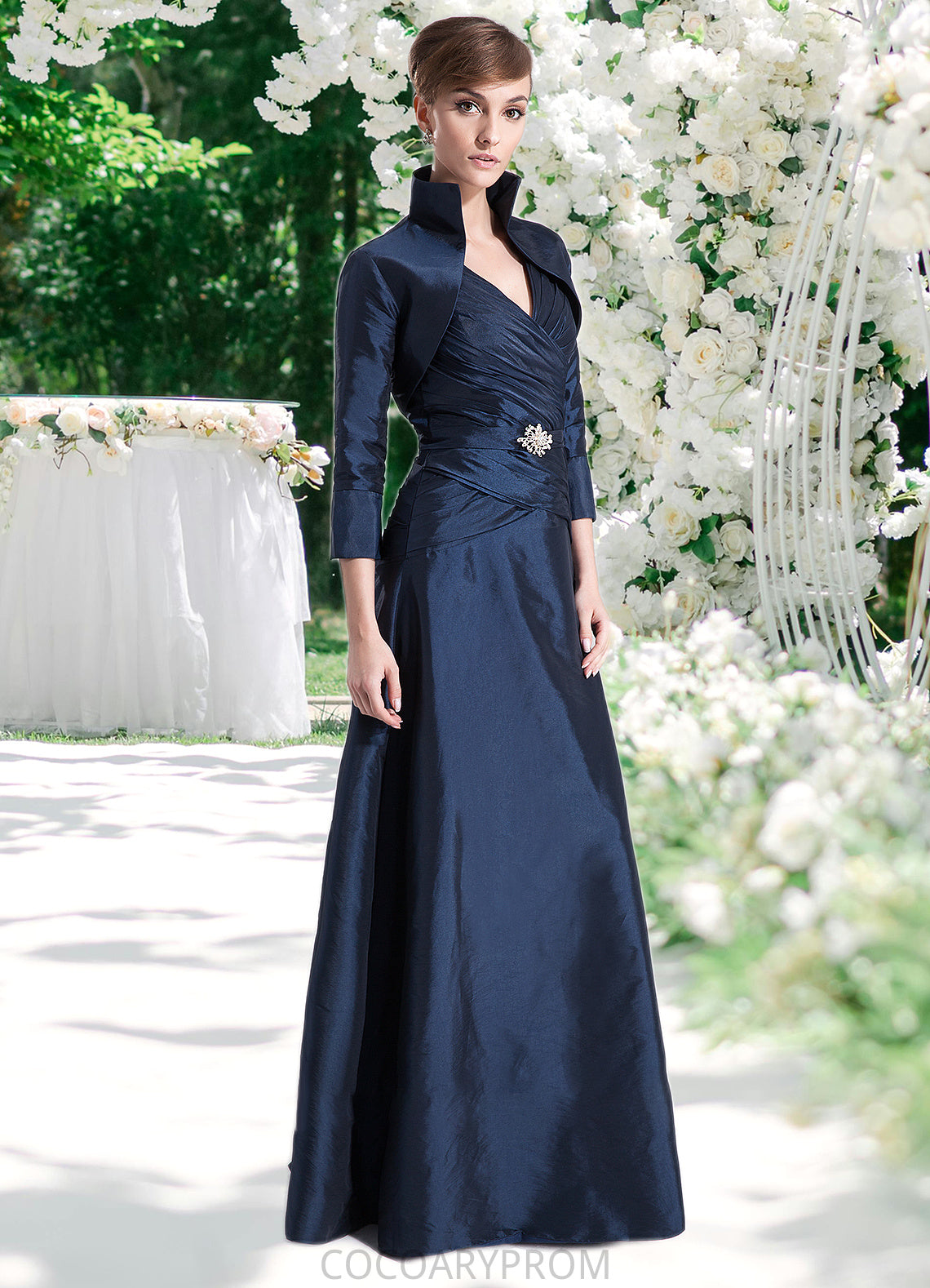 Alissa A-Line V-neck Floor-Length Taffeta Mother of the Bride Dress With Ruffle Beading DA8126P0014807