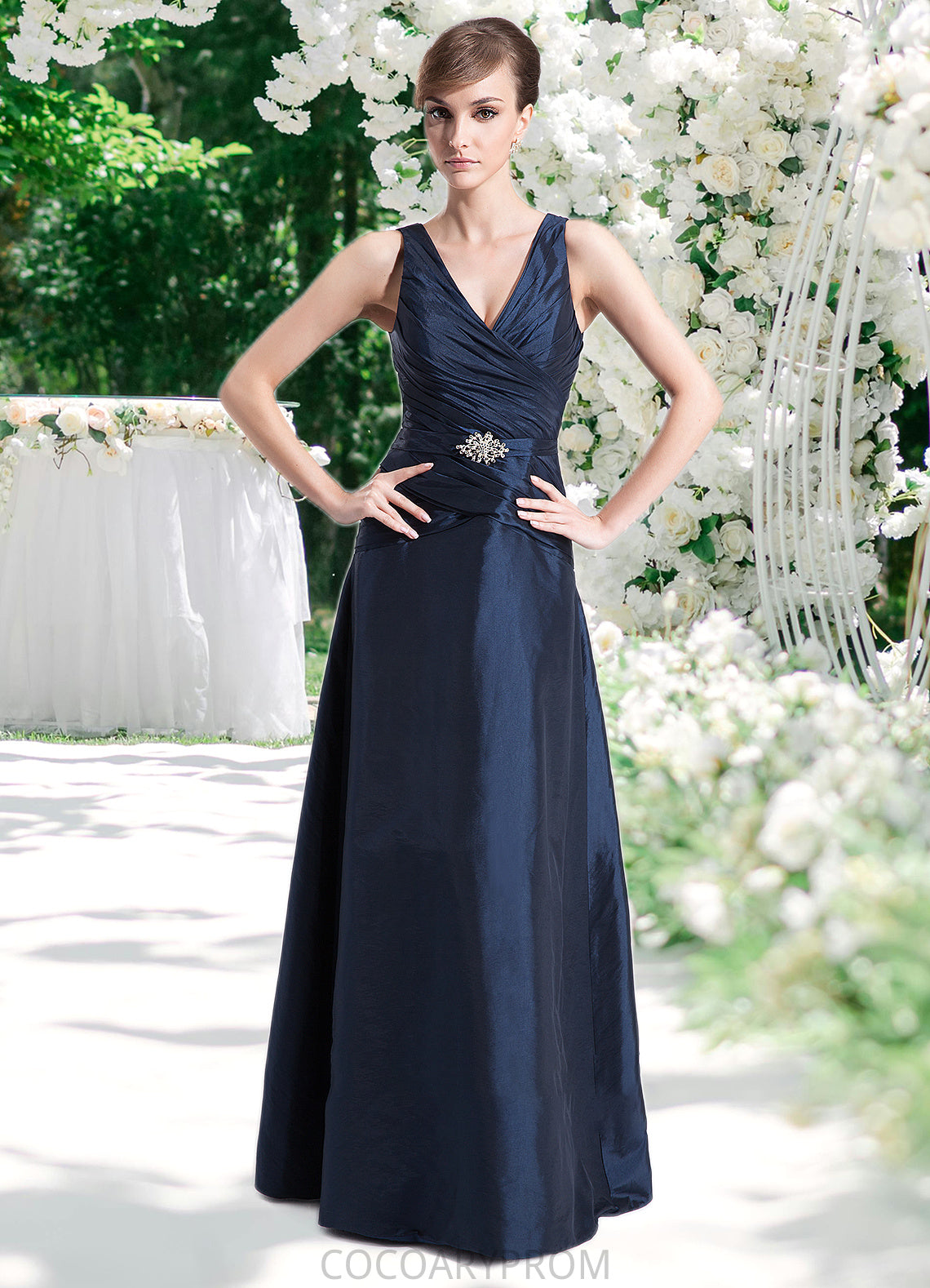 Alissa A-Line V-neck Floor-Length Taffeta Mother of the Bride Dress With Ruffle Beading DA8126P0014807