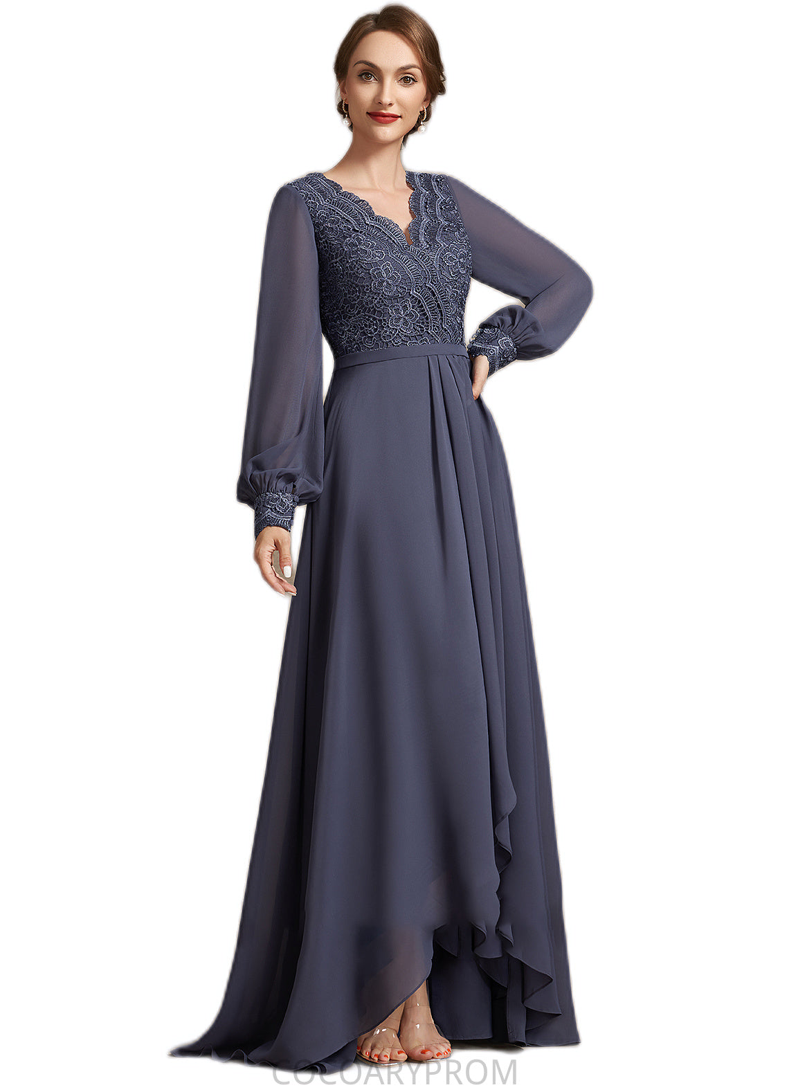 Kelly A-Line V-neck Asymmetrical Chiffon Lace Mother of the Bride Dress DA8126P0014809