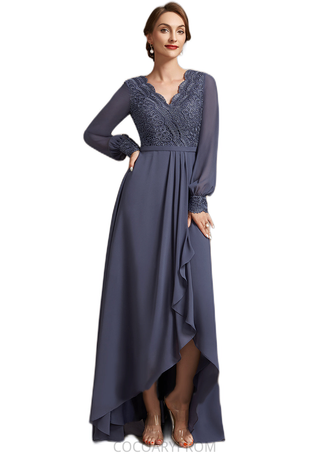 Kelly A-Line V-neck Asymmetrical Chiffon Lace Mother of the Bride Dress DA8126P0014809