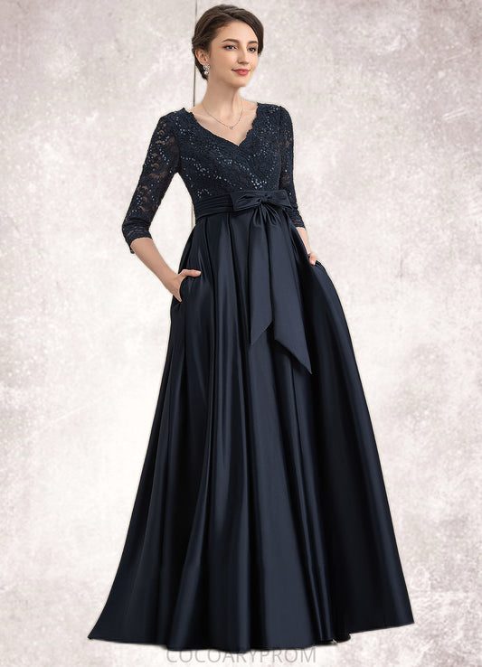 Salome A-Line V-neck Floor-Length Satin Lace Mother of the Bride Dress With Sequins Bow(s) Pockets DA8126P0014820