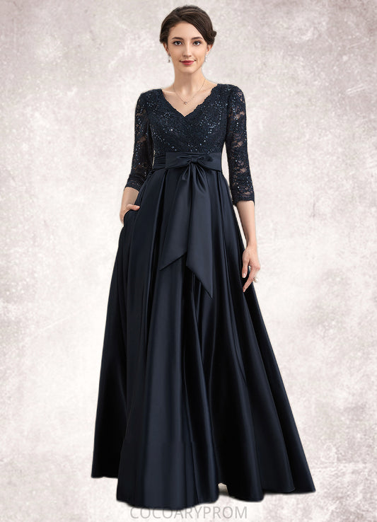 Salome A-Line V-neck Floor-Length Satin Lace Mother of the Bride Dress With Sequins Bow(s) Pockets DA8126P0014820