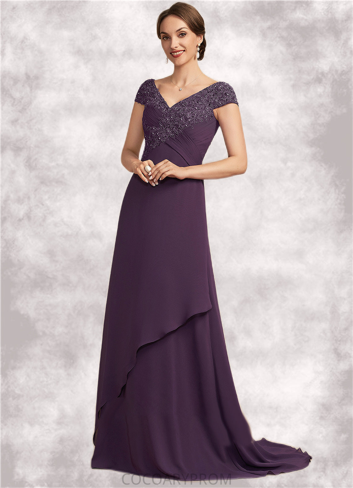 Michaela A-Line V-neck Sweep Train Chiffon Lace Mother of the Bride Dress With Ruffle Beading DA8126P0014824