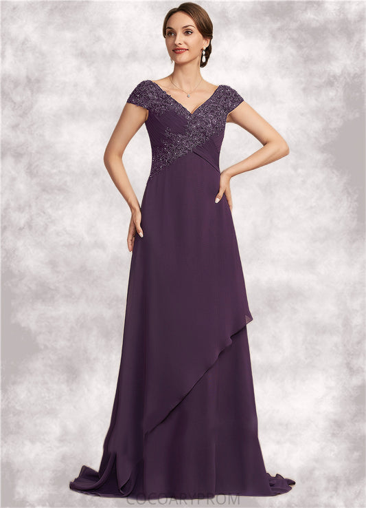 Michaela A-Line V-neck Sweep Train Chiffon Lace Mother of the Bride Dress With Ruffle Beading DA8126P0014824