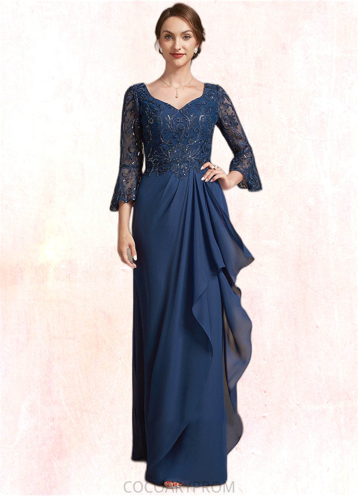 Asia A-Line V-neck Floor-Length Chiffon Lace Mother of the Bride Dress With Sequins Cascading Ruffles DA8126P0014825