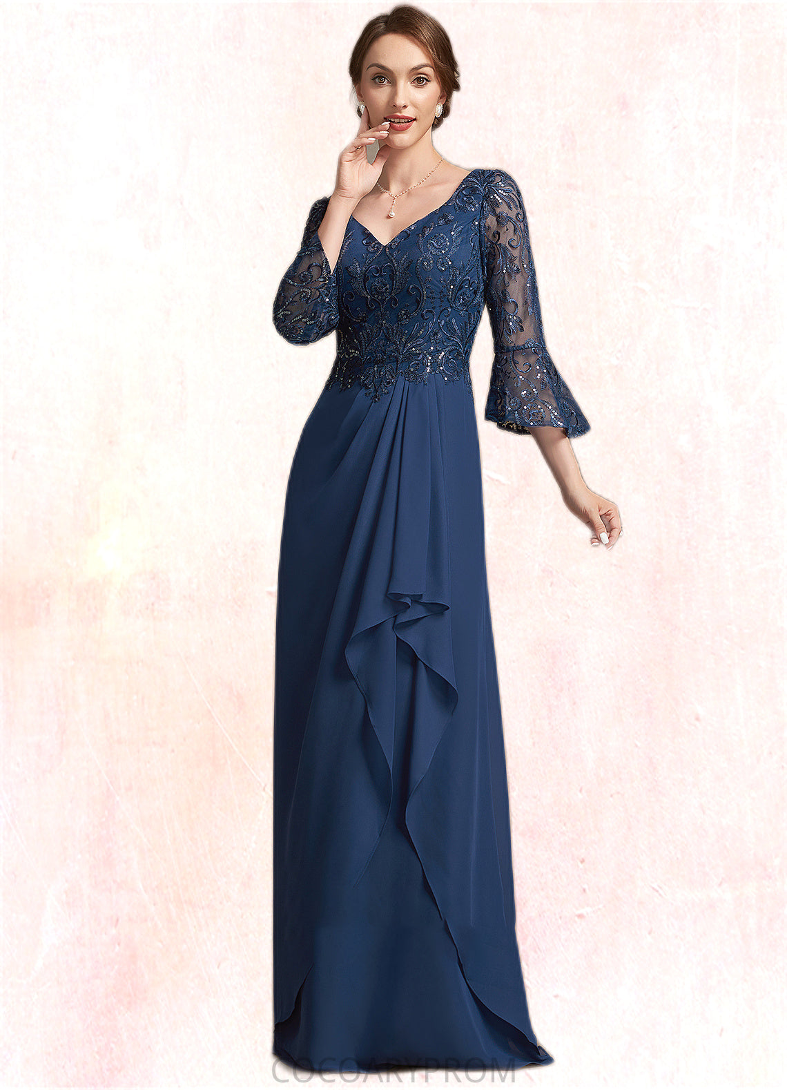 Asia A-Line V-neck Floor-Length Chiffon Lace Mother of the Bride Dress With Sequins Cascading Ruffles DA8126P0014825