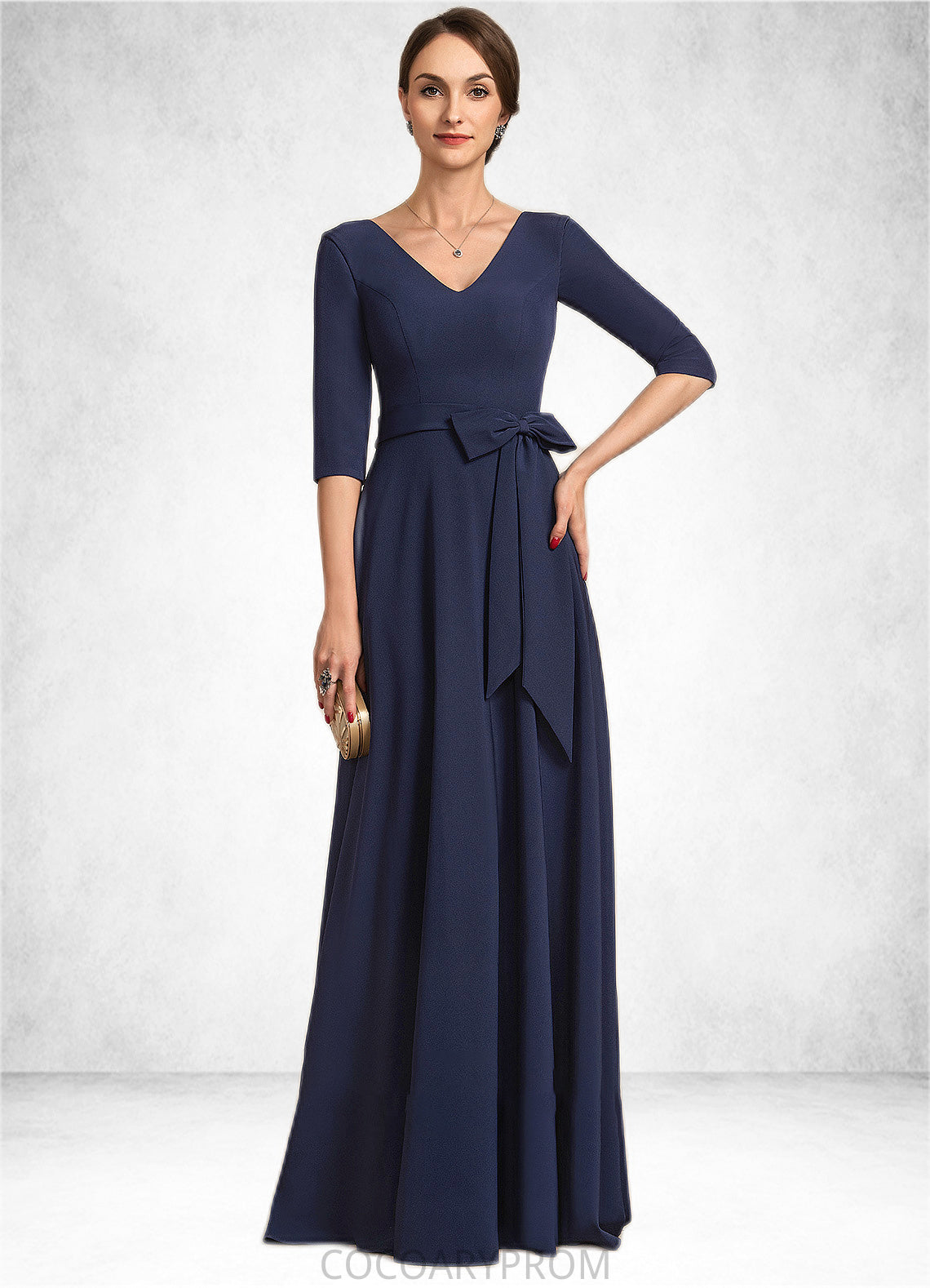 Hailie A-Line V-neck Floor-Length Stretch Crepe Mother of the Bride Dress With Bow(s) DA8126P0014831