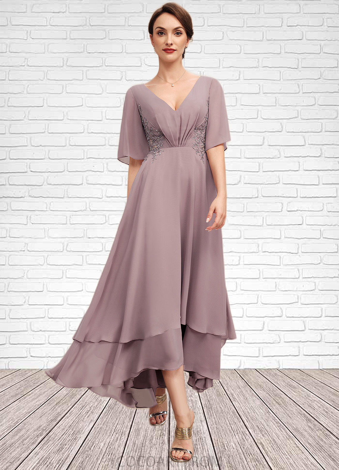 Hannah A-Line V-neck Asymmetrical Chiffon Mother of the Bride Dress With Ruffle Lace Beading DA8126P0014839