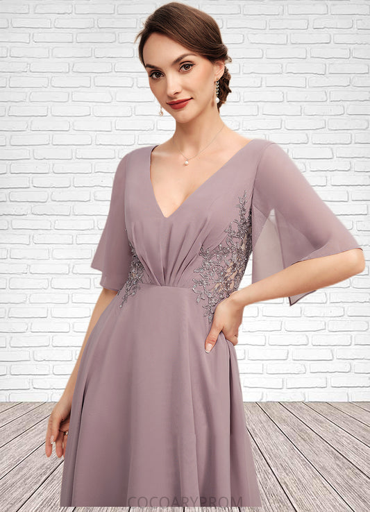 Hannah A-Line V-neck Asymmetrical Chiffon Mother of the Bride Dress With Ruffle Lace Beading DA8126P0014839