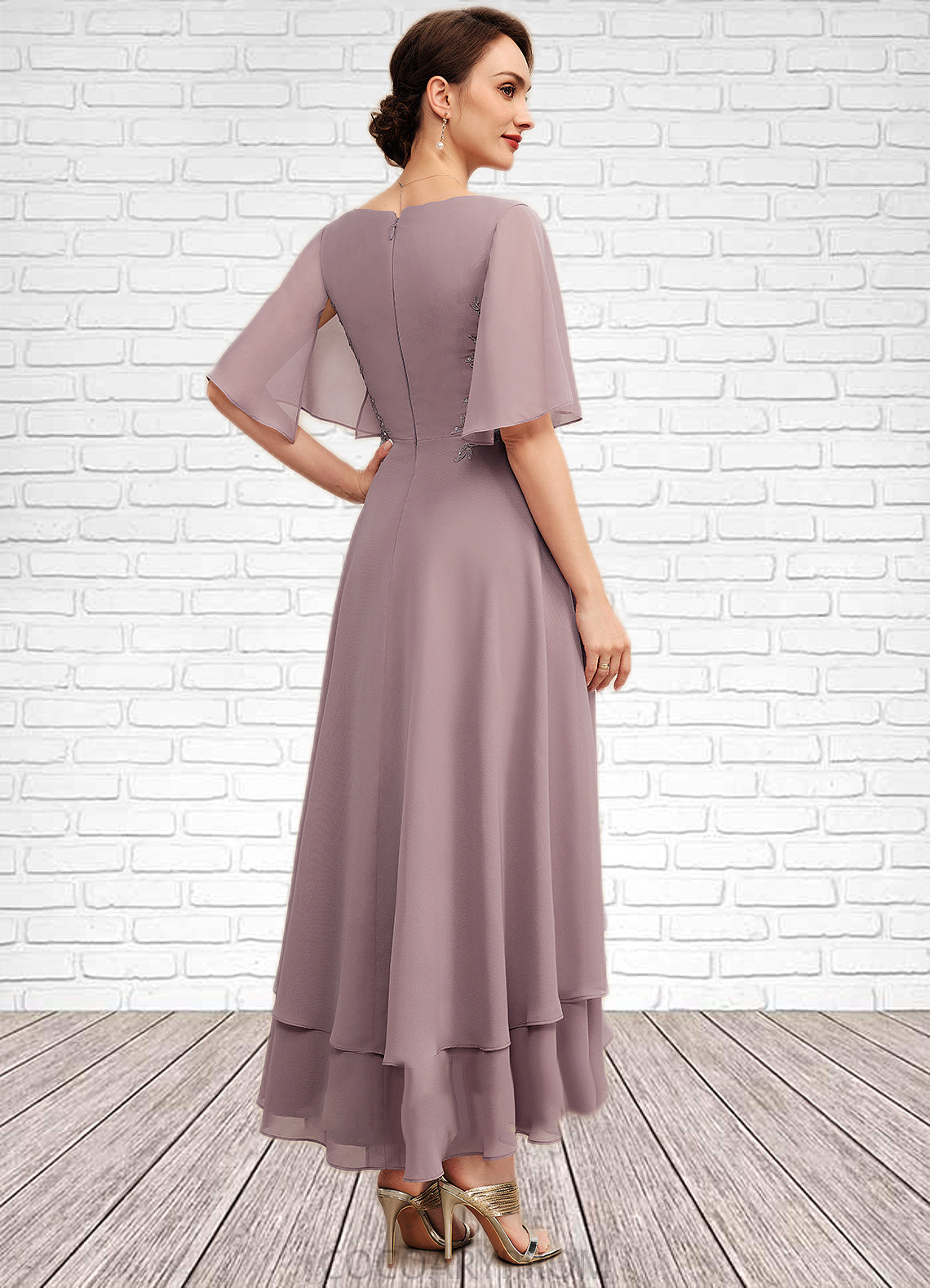 Hannah A-Line V-neck Asymmetrical Chiffon Mother of the Bride Dress With Ruffle Lace Beading DA8126P0014839