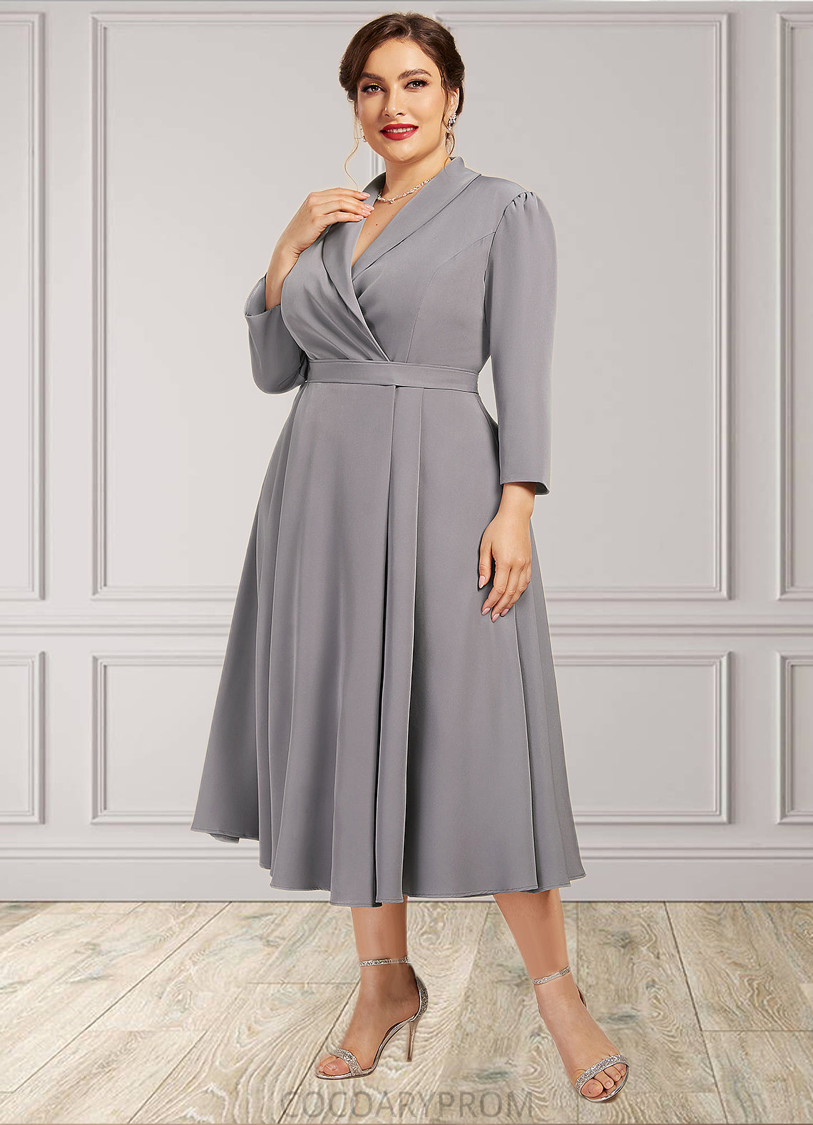 Rosalie A-Line V-neck Tea-Length Stretch Crepe Mother of the Bride Dress DA8126P0014844