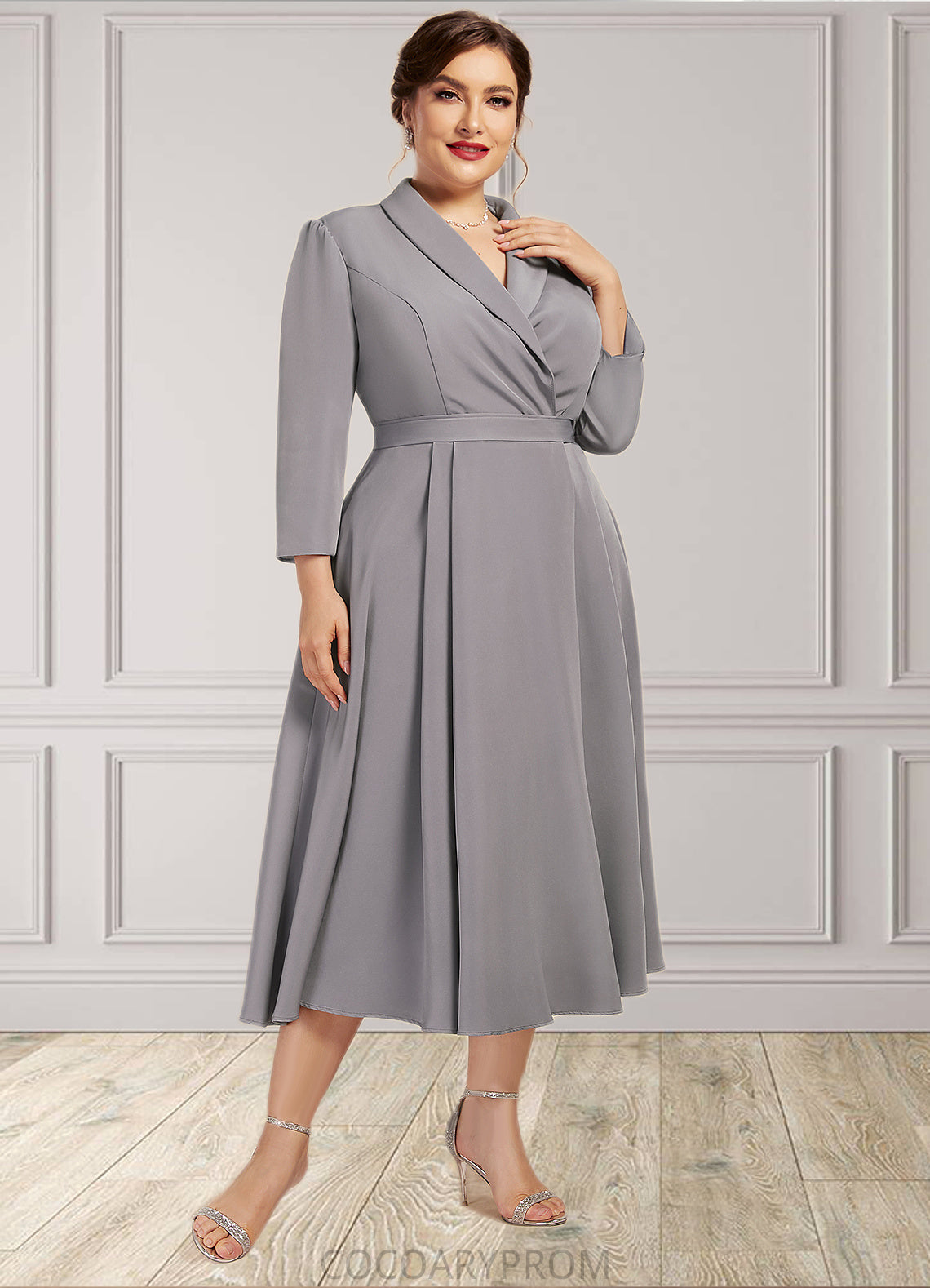 Rosalie A-Line V-neck Tea-Length Stretch Crepe Mother of the Bride Dress DA8126P0014844