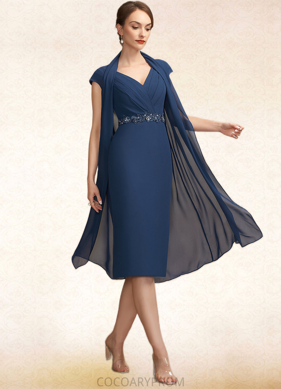 Destiny Sheath/Column V-neck Knee-Length Chiffon Mother of the Bride Dress With Ruffle Beading Sequins DA8126P0014847