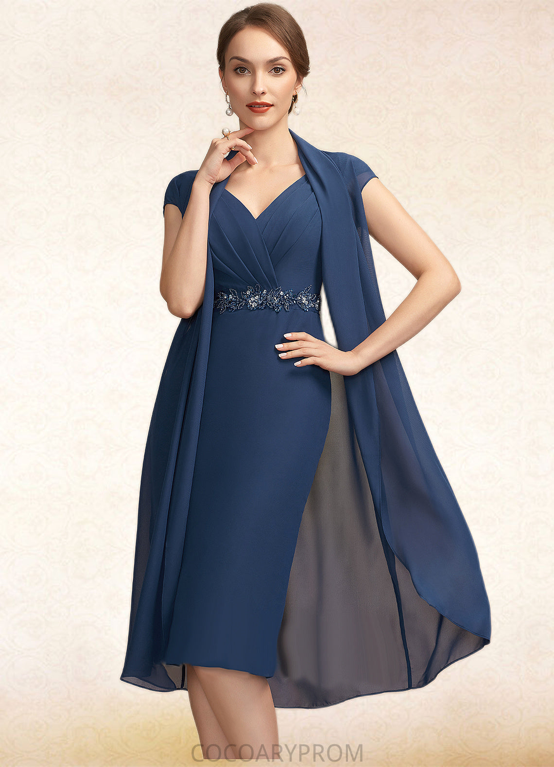 Destiny Sheath/Column V-neck Knee-Length Chiffon Mother of the Bride Dress With Ruffle Beading Sequins DA8126P0014847