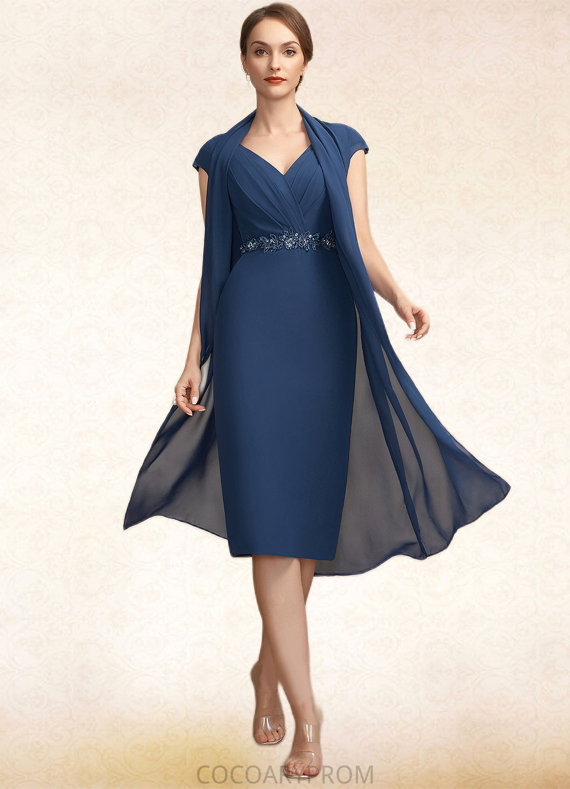 Destiny Sheath/Column V-neck Knee-Length Chiffon Mother of the Bride Dress With Ruffle Beading Sequins DA8126P0014847