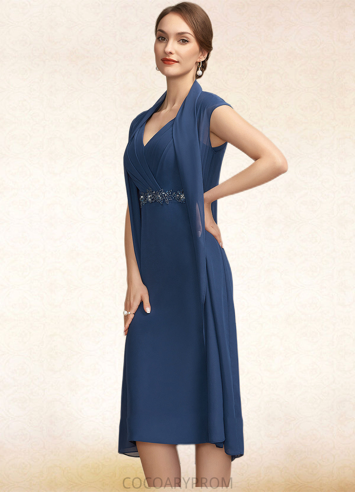 Destiny Sheath/Column V-neck Knee-Length Chiffon Mother of the Bride Dress With Ruffle Beading Sequins DA8126P0014847