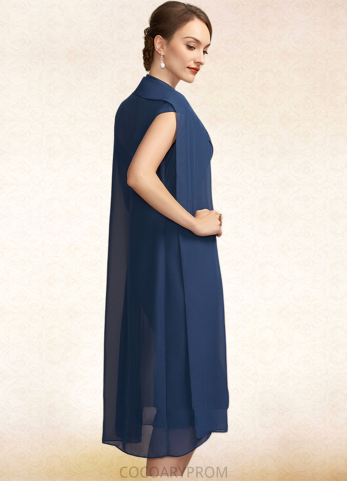 Destiny Sheath/Column V-neck Knee-Length Chiffon Mother of the Bride Dress With Ruffle Beading Sequins DA8126P0014847