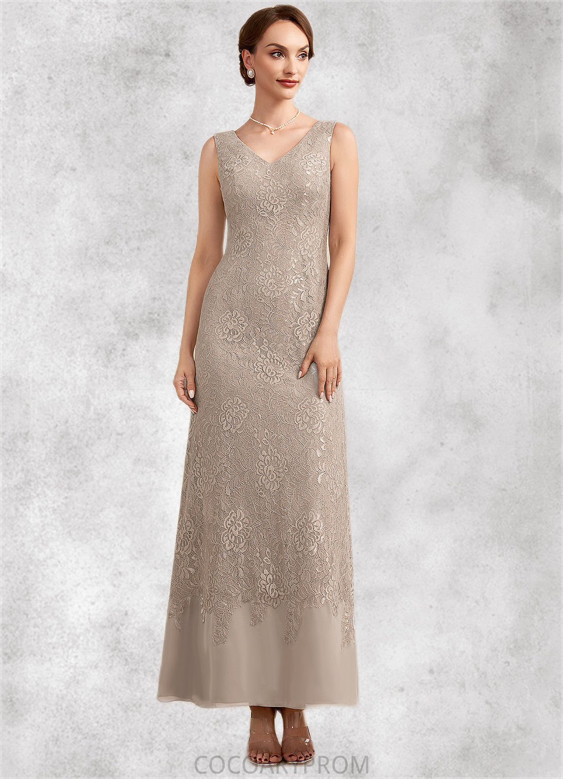 Caitlin A-Line V-neck Ankle-Length Chiffon Lace Mother of the Bride Dress DA8126P0014851