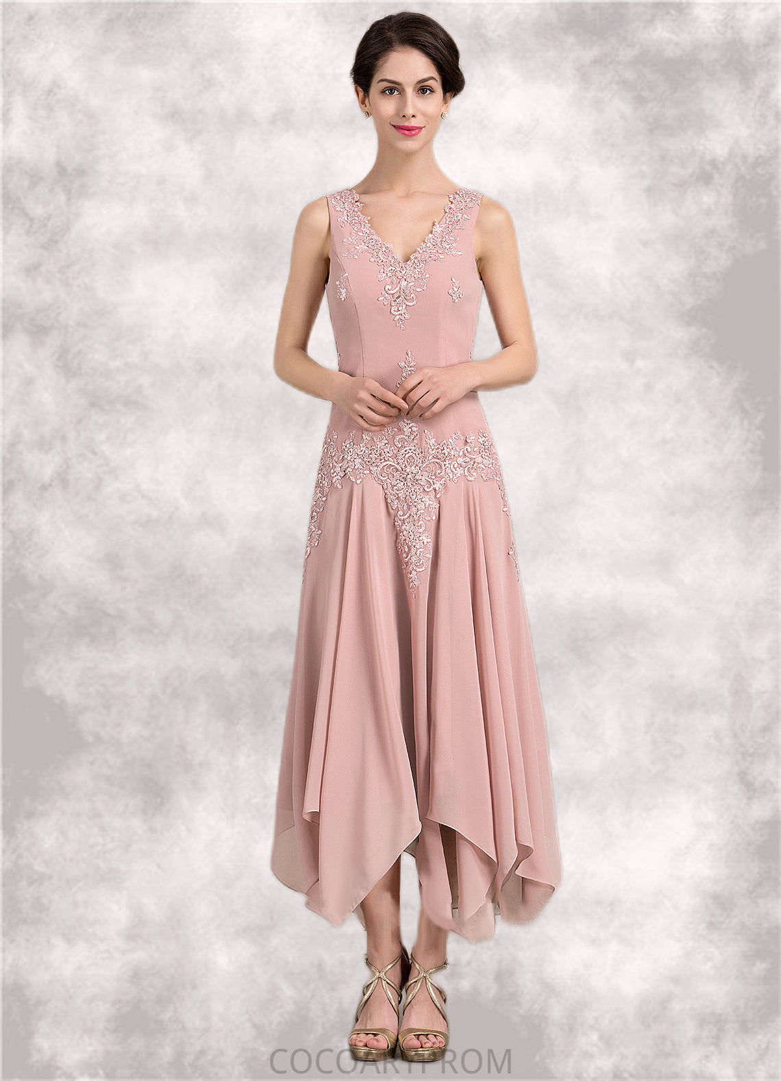 Lila A-Line V-neck Ankle-Length Chiffon Mother of the Bride Dress With Appliques Lace Sequins DA8126P0014855