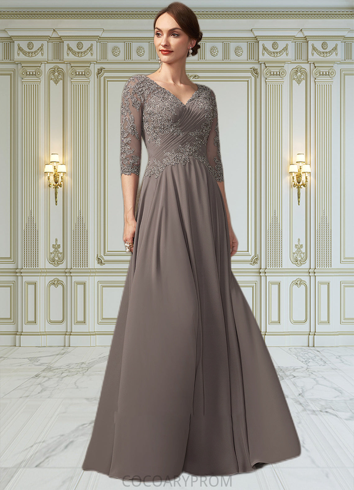 Amanda A-Line V-neck Floor-Length Chiffon Lace Mother of the Bride Dress With Beading Sequins DA8126P0014876