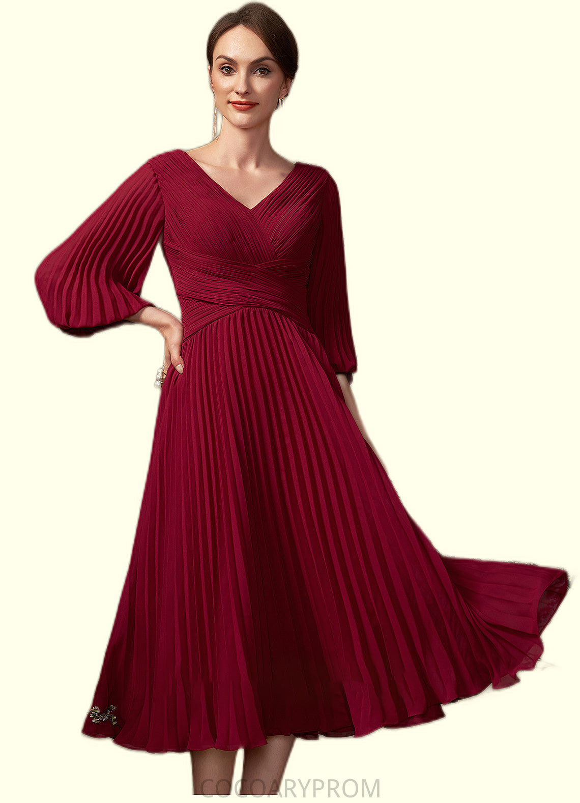 Elizabeth A-Line V-neck Tea-Length Chiffon Mother of the Bride Dress With Pleated DA8126P0014878