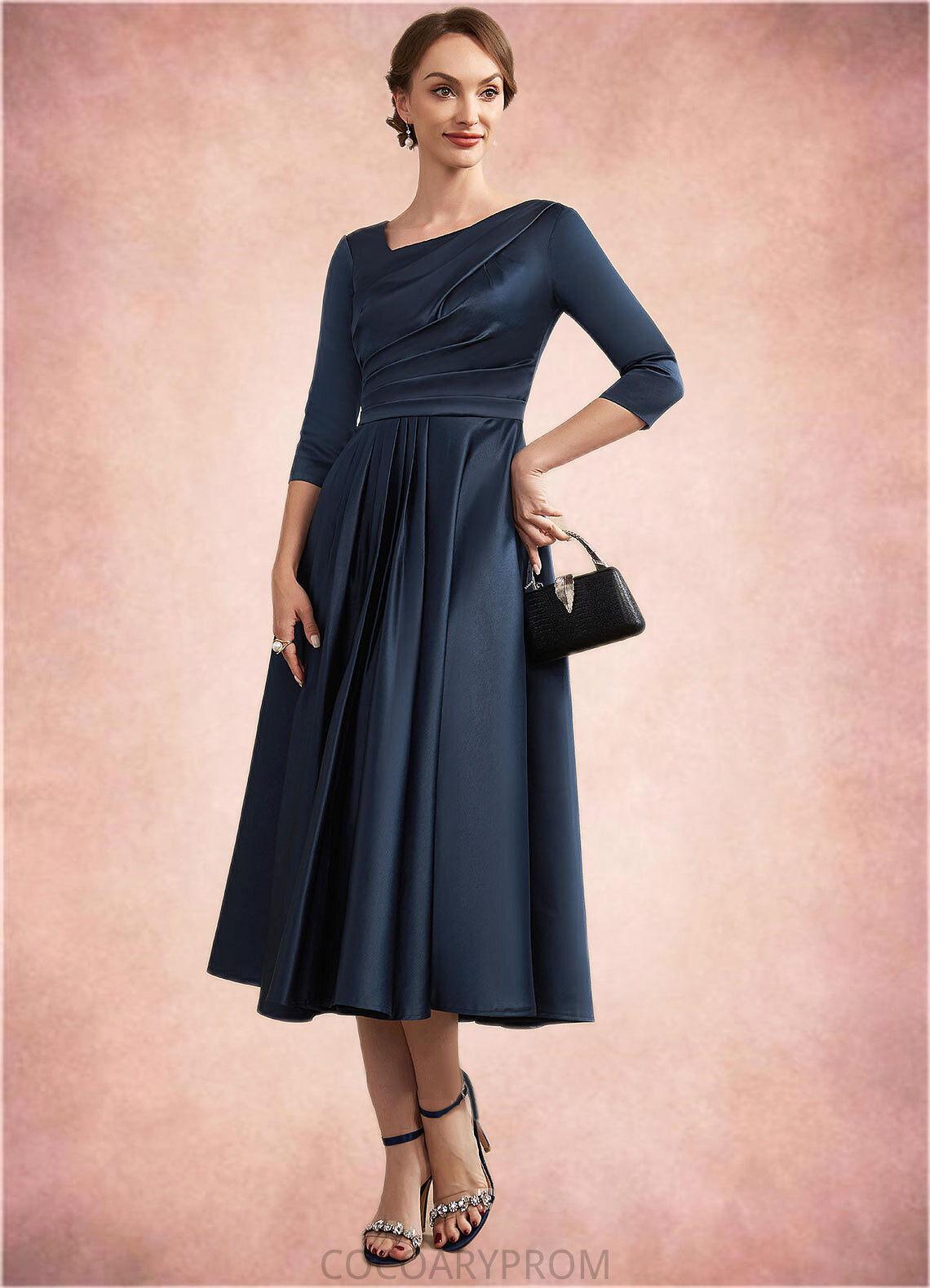 Nyla A-Line V-neck Tea-Length Satin Mother of the Bride Dress With Ruffle DA8126P0014883