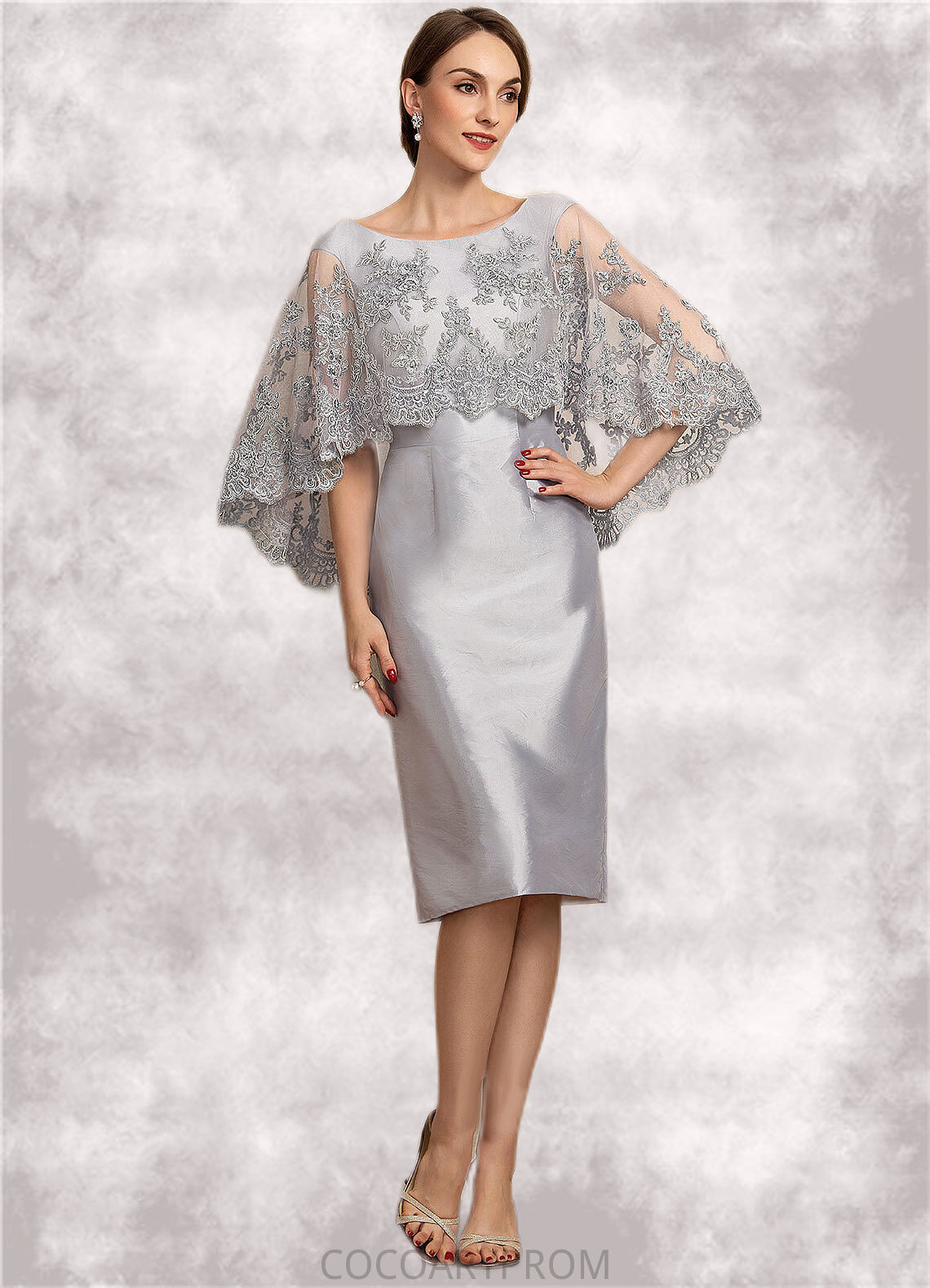 Everly Sheath/Column Scoop Neck Knee-Length Taffeta Lace Mother of the Bride Dress With Beading Sequins DA8126P0014886