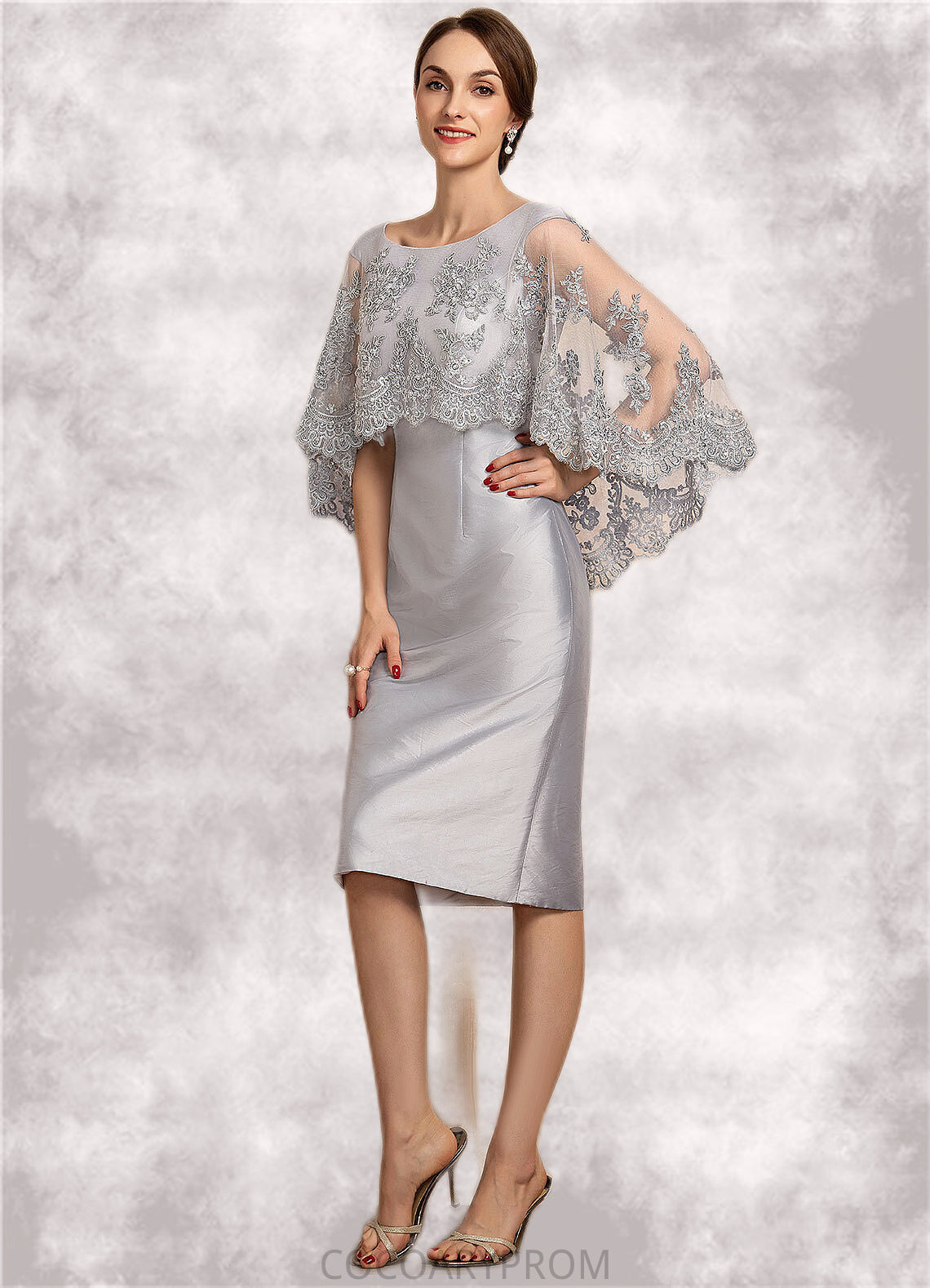 Everly Sheath/Column Scoop Neck Knee-Length Taffeta Lace Mother of the Bride Dress With Beading Sequins DA8126P0014886